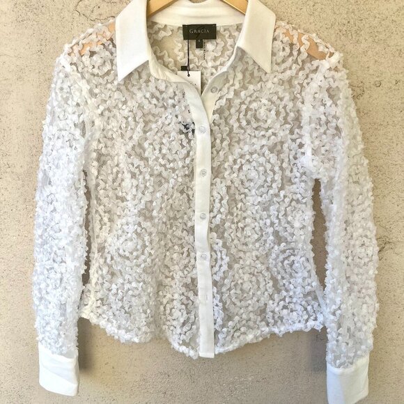 NWT Gracia White Lace Mesh Blouse Small - Picture 2 of 8